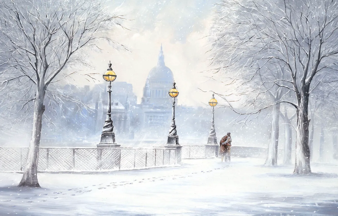 Фото обои зима, снег, деревья, следы, город, улица, картина, фонари