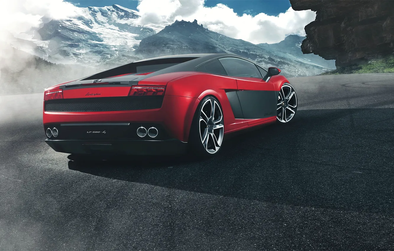 Фото обои горы, красный, Lamborghini, red, Gallardo, ламборджини, rear, галлардо