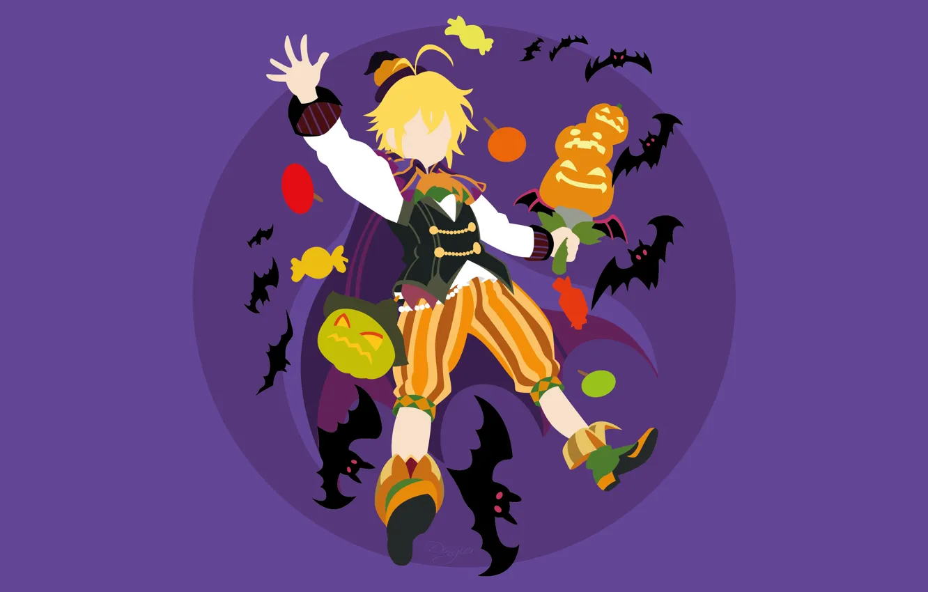 Фото обои фон, минимализм, тыква, парень, летучие мыши, хеллоуин, Nanatsu no Taizai, Семь смертных грехов