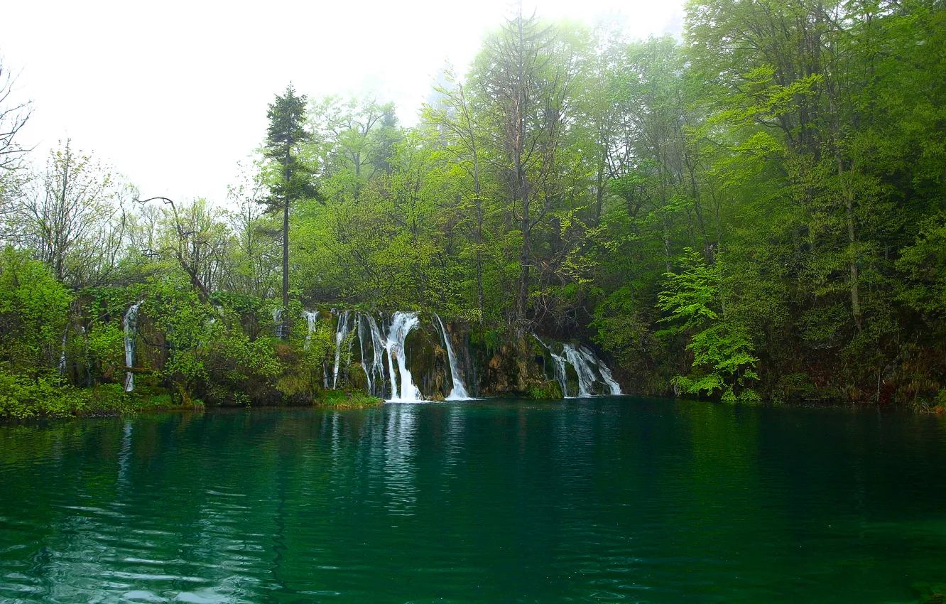 Фото обои деревья, озеро, листва, водопад. лес