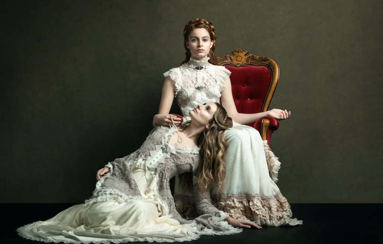 Фото обои кресло, две девушки, платья, Rebirth