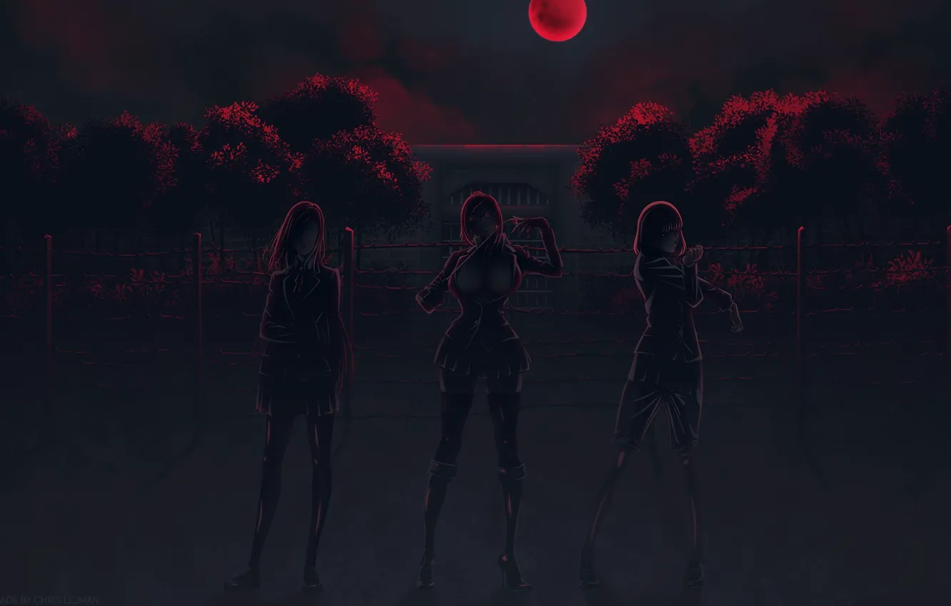 Фото обои art, колючая проволока, кровавая луна, Maki Kurihara, Meiko Shiraki, Школа-тюрьма, Hana Midorikawa, Akira Hiremoto
