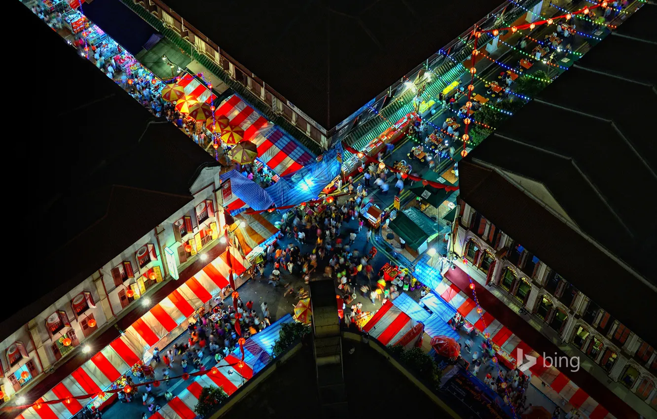 Фото обои ночь, огни, люди, улица, дома, перекресток, Сингапур, Китайский квартал