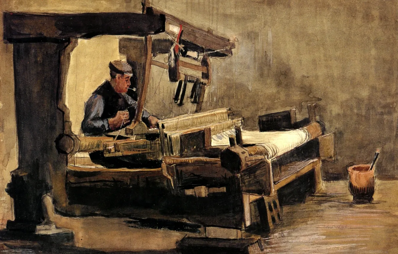 Фото обои белая ткань, Винсент ван Гог, Weaver 3, ткач с трубкой