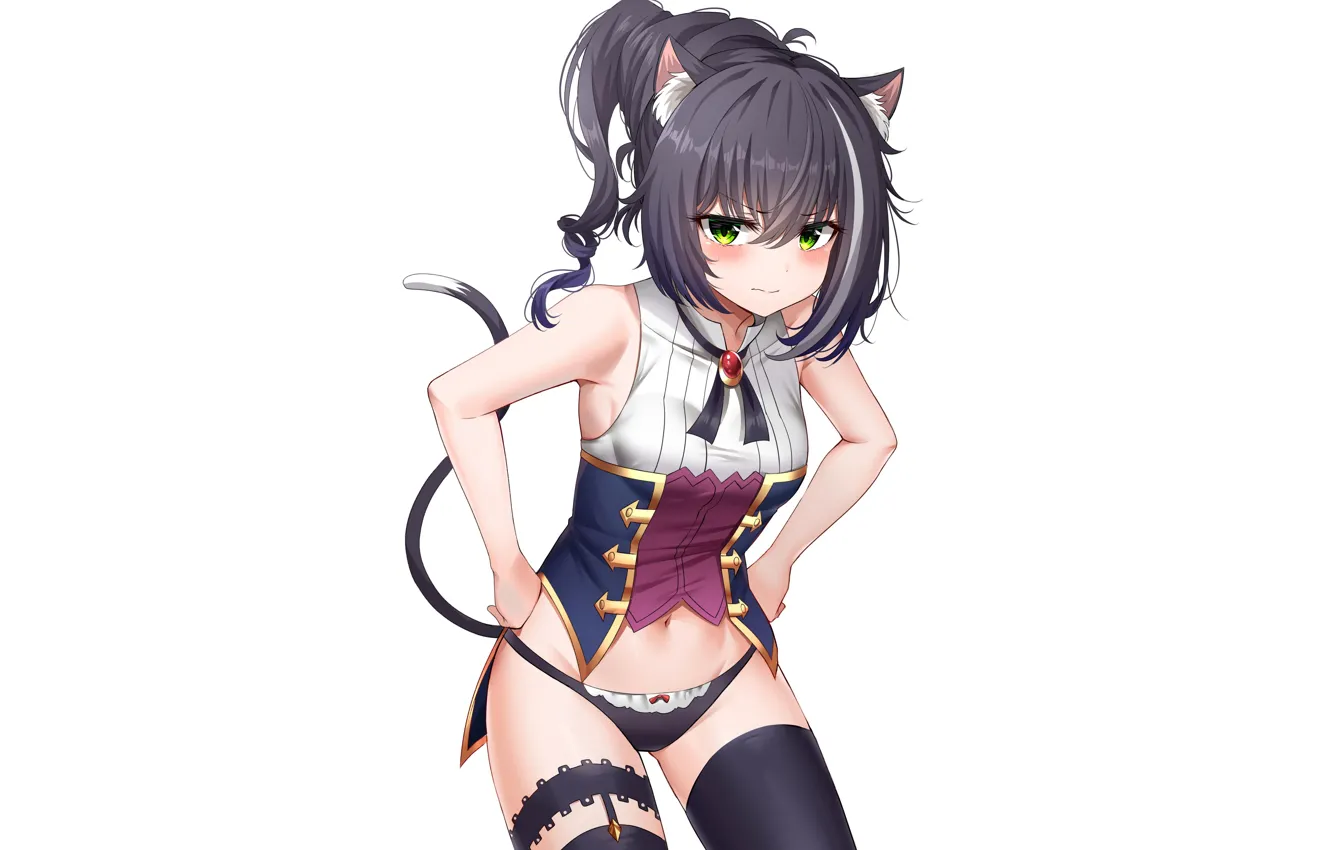 Фото обои girl, sexy, lingerie, pantsu, blouse, panties, thighhighs, green eyes