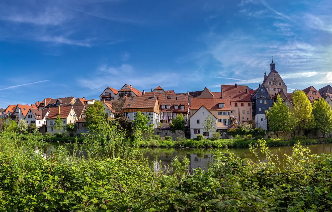 Фото обои река, здания, дома, Германия, кусты, Germany, Баден-Вюртемберг, Baden-Württemberg