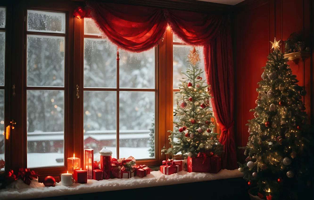 Фото обои елка, интерьер, окно, Рождество, Новый год, подоконник, Christmas, view
