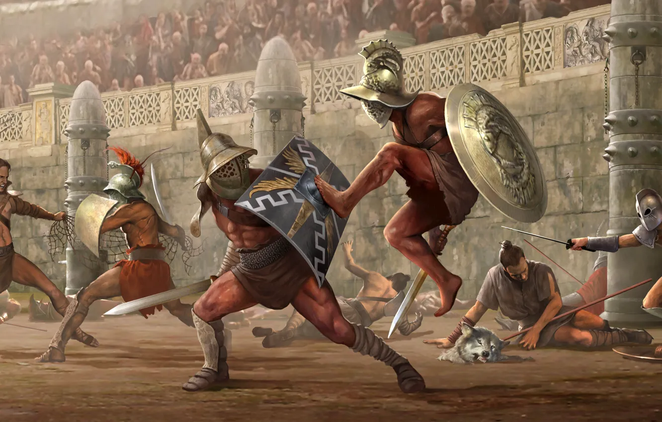 Фото обои Доспехи, Оружие, Арена, Римская империя, Мурмиллон, Фракиец, Секутор, Гладиаторы