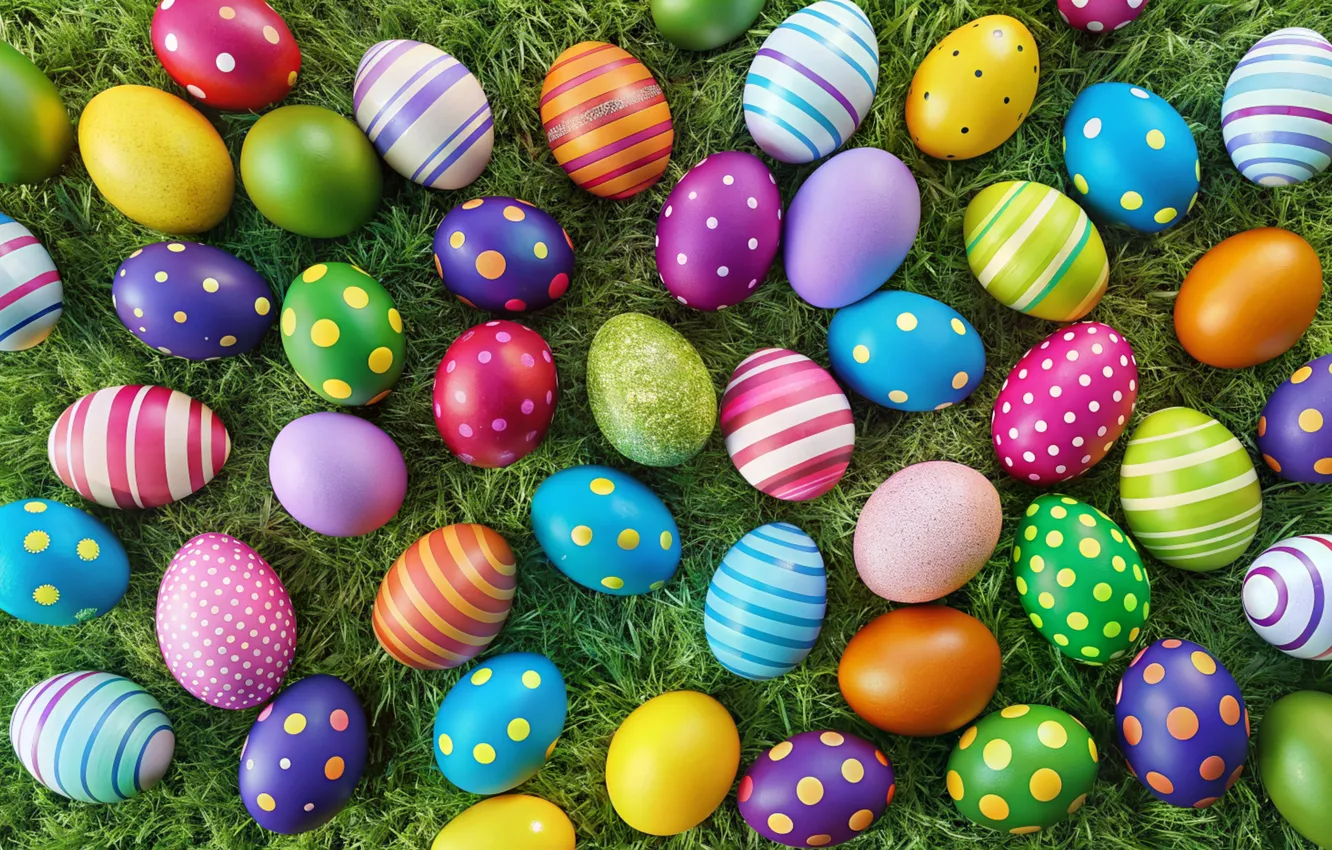 Фото обои трава, яйца, весна, colorful, Пасха, happy, spring, Easter