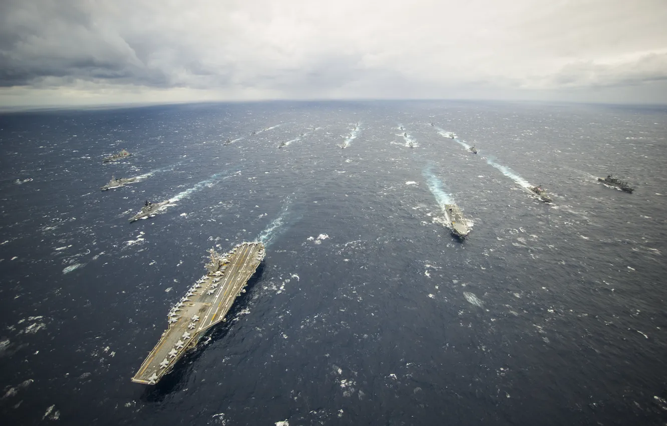 Фото обои море, корабли, горизонт, авианосец, флот