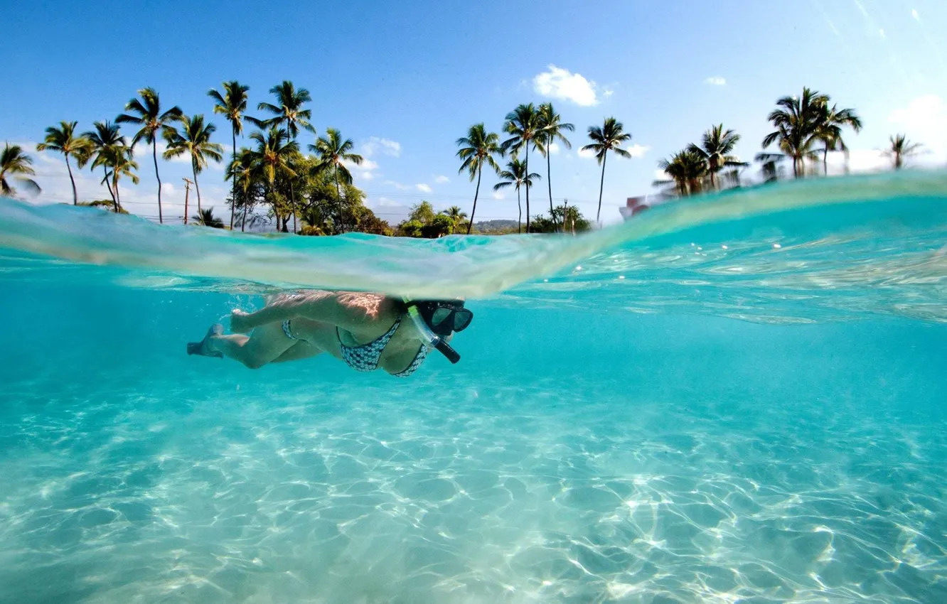 Фото обои девушка, пальмы, океан, спорт, остров, под водой, Hawaii, snorkelling