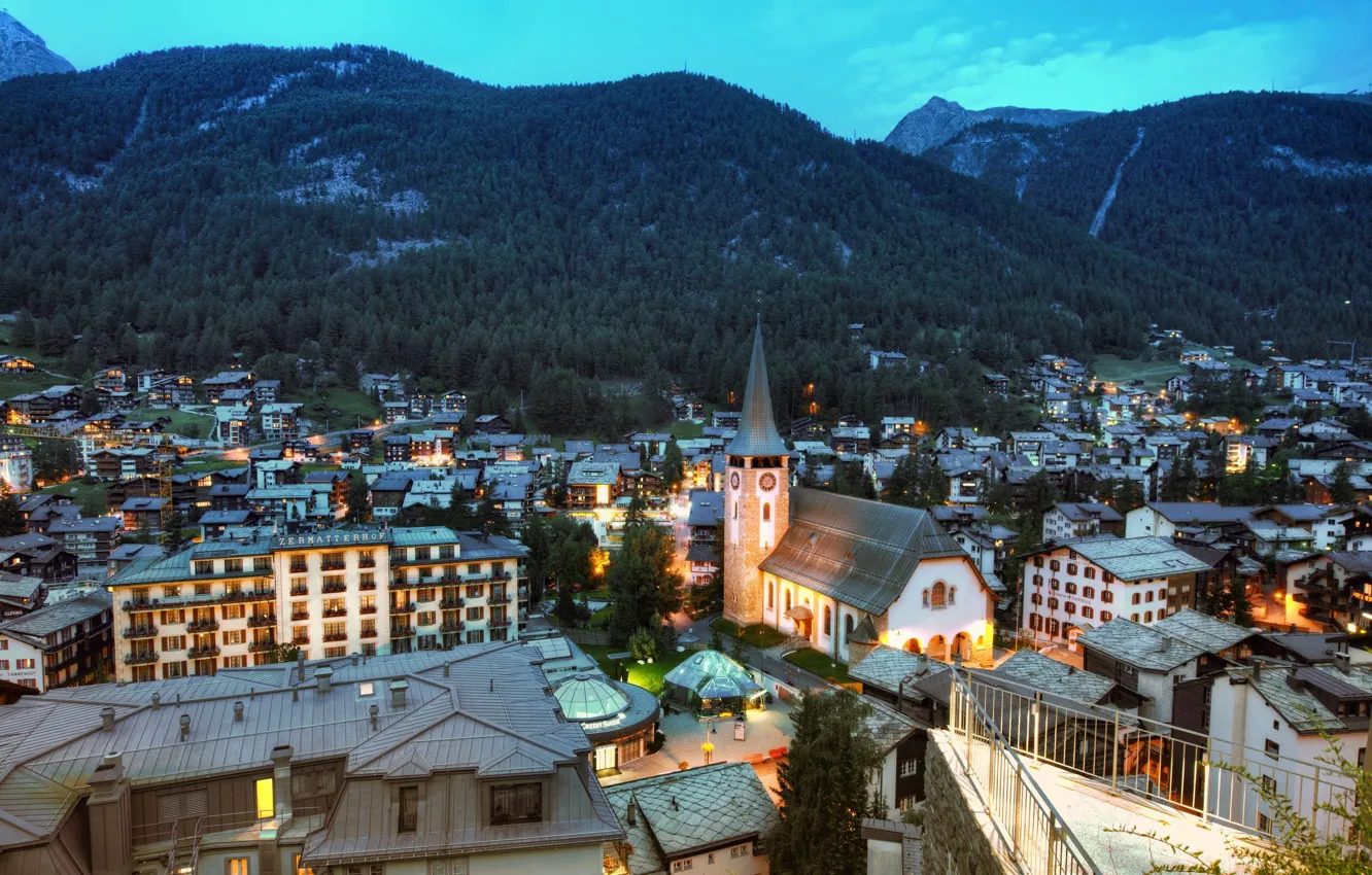 Фото обои пейзаж, горы, здания, дома, панорама, швейцария, церматт, zermatt