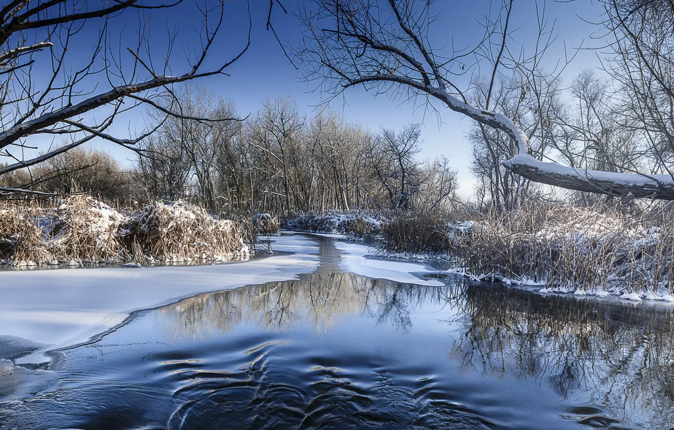 Фото обои зима, снег, лёд, речка