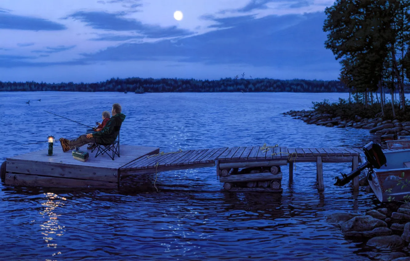 Фото обои ночь, река, луна, пристань, лодки, фонарь, рыбаки, живопись