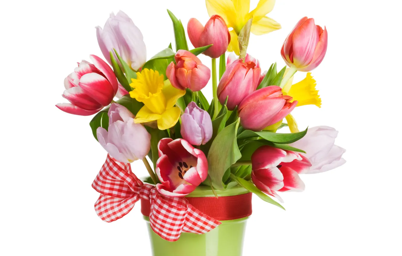 Фото обои цветы, ленты, букет, весна, лепестки, тюльпаны, flowers, tulips