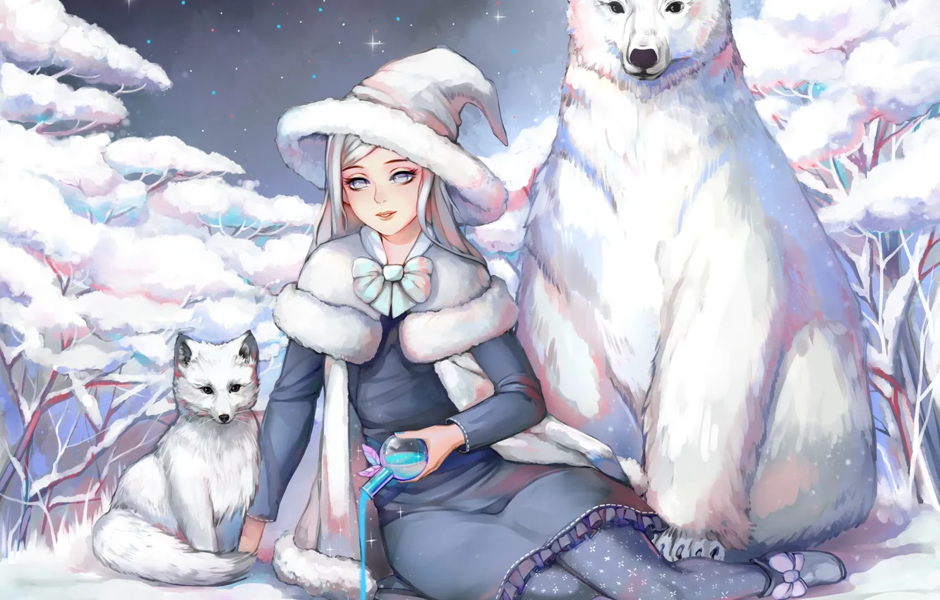 Фото обои зима, девушка, медведь, песец, колба