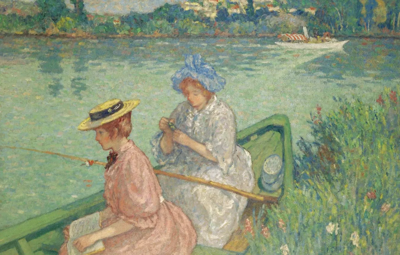 Фото обои девушка, лодка, картина, шляпа, удочка, Рыбачки, Georges d'Espagnat