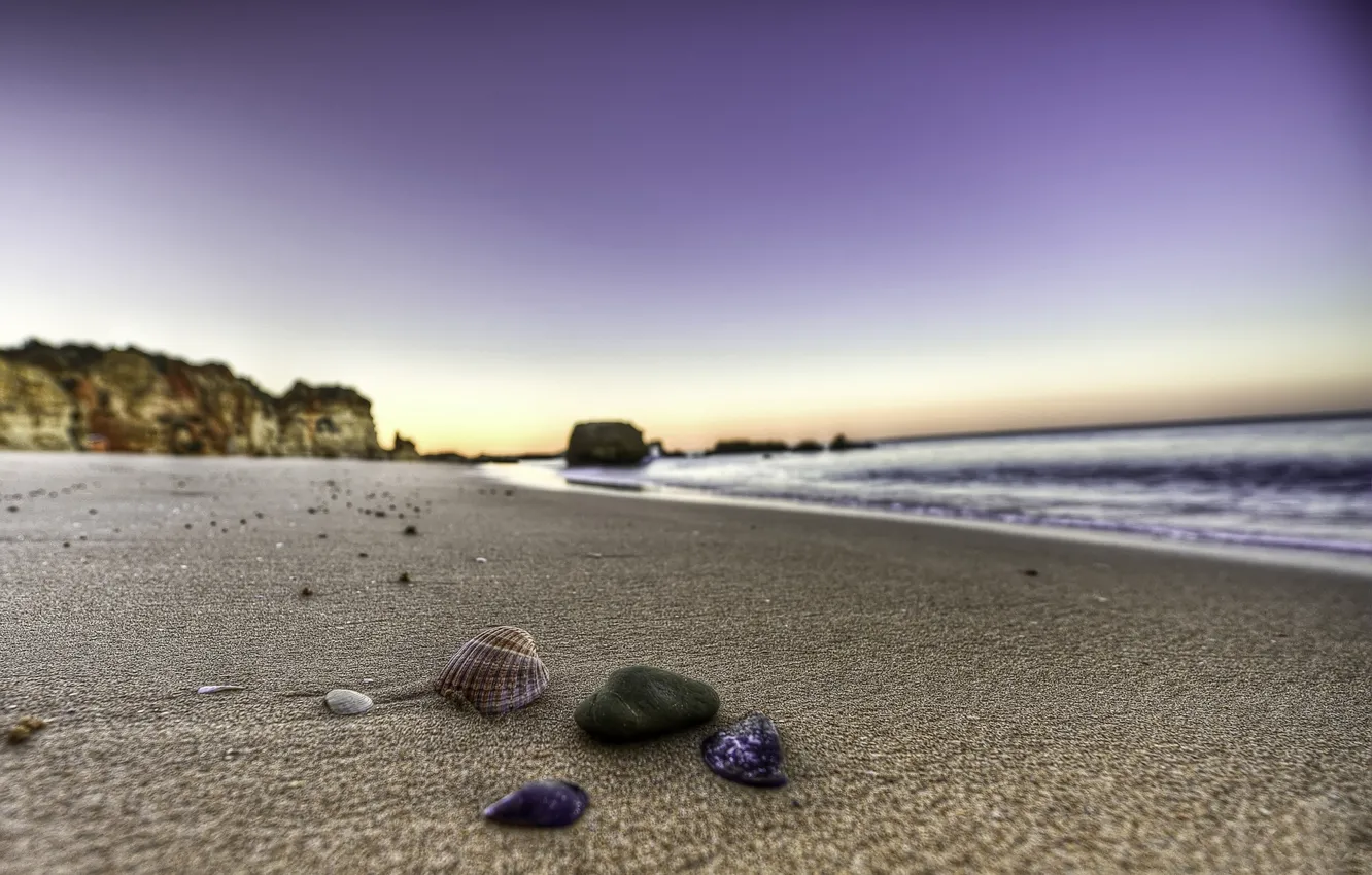 Фото обои песок, вода, камни, берег, пейзажи, ракушка, ракушки, пляжи