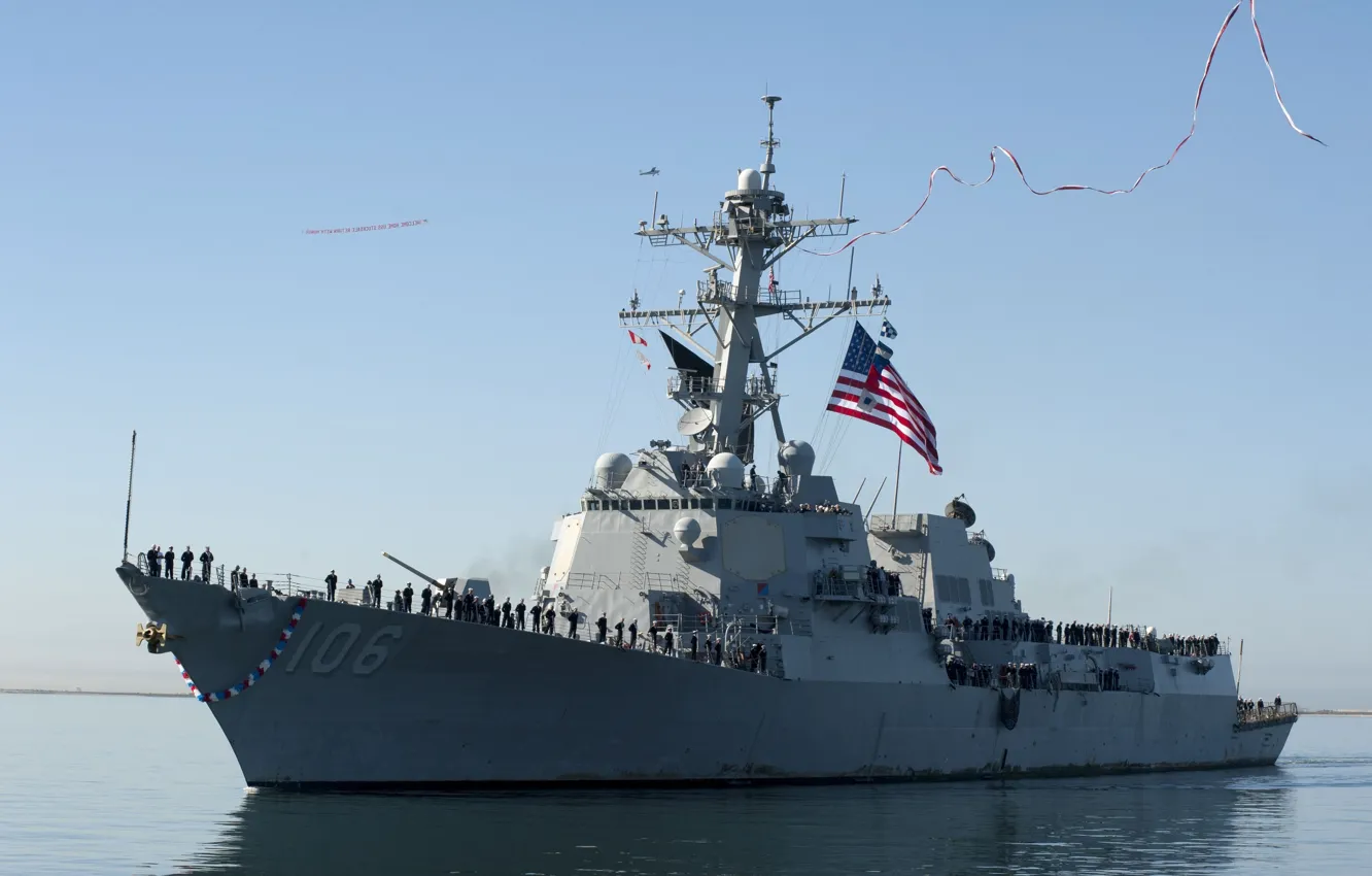 Фото обои USA, sea, ocean, cloud, heaven, american flag, flag, destroyer