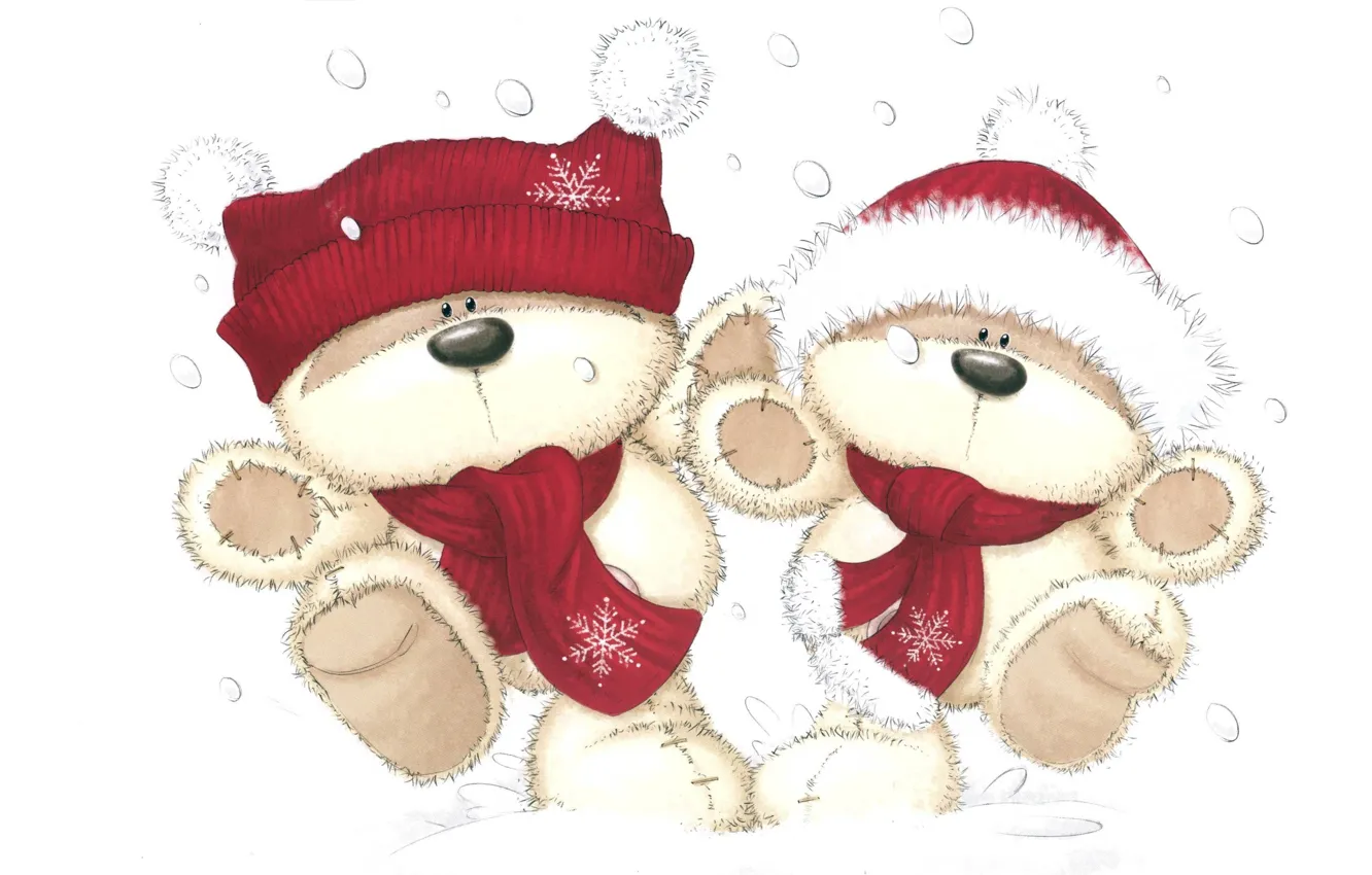 Фото обои зима, снег, арт, Новый год, мишки, детская, праздик