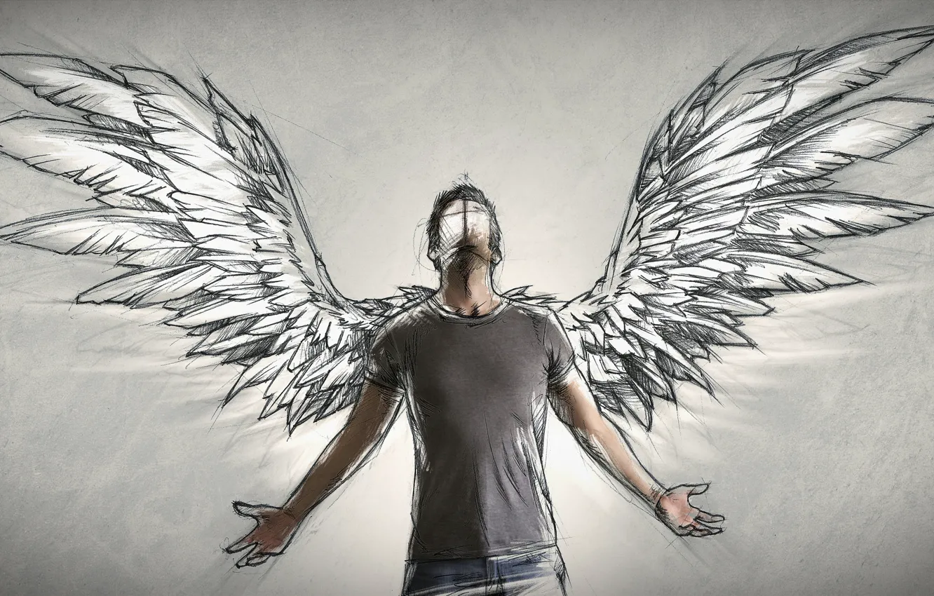 Фото обои человек, крылья, ангел, автор, мужчина, Sketch, Sebastien DEL GROSSO