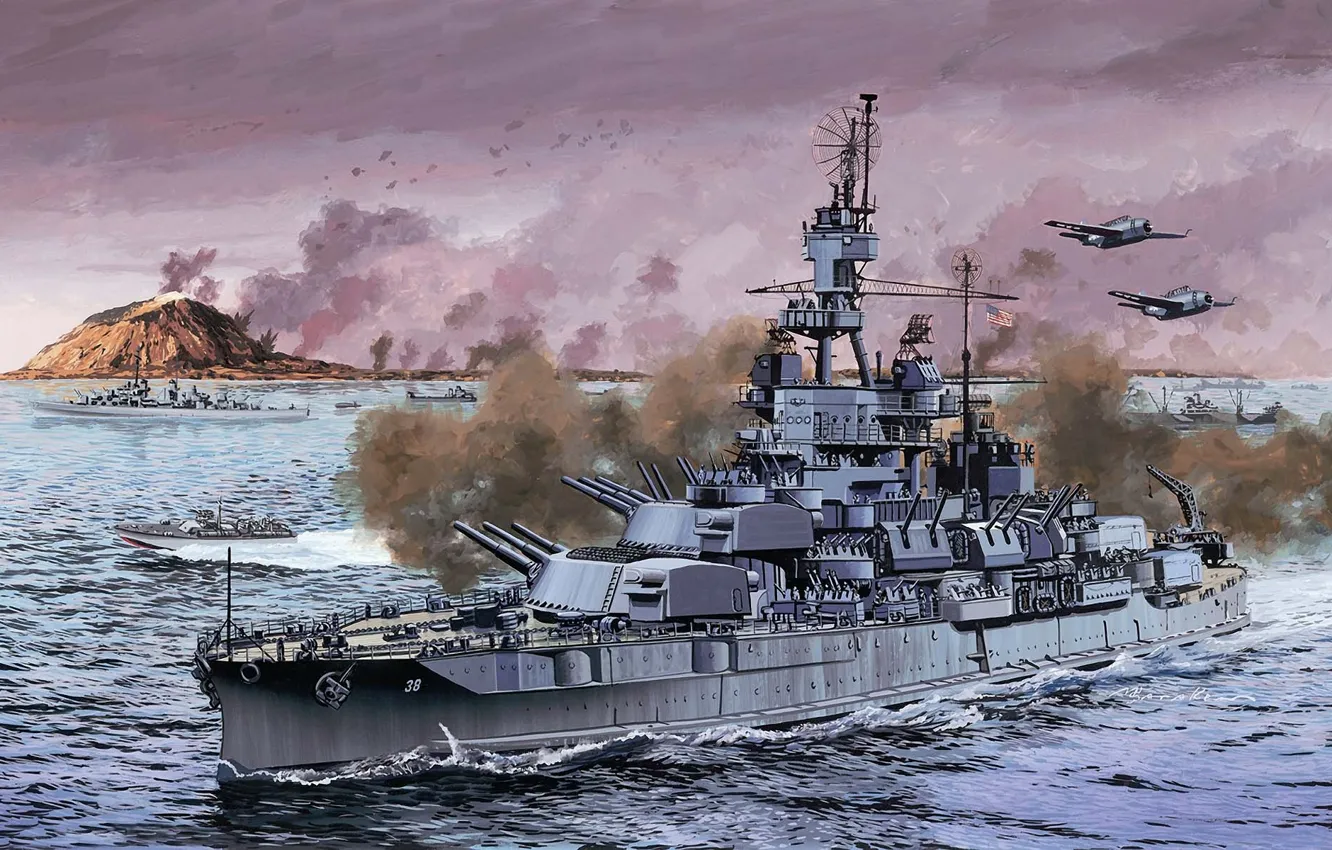 Фото обои корабль, флот, сражение, американский, линкор, WW2, art., пенсильвания