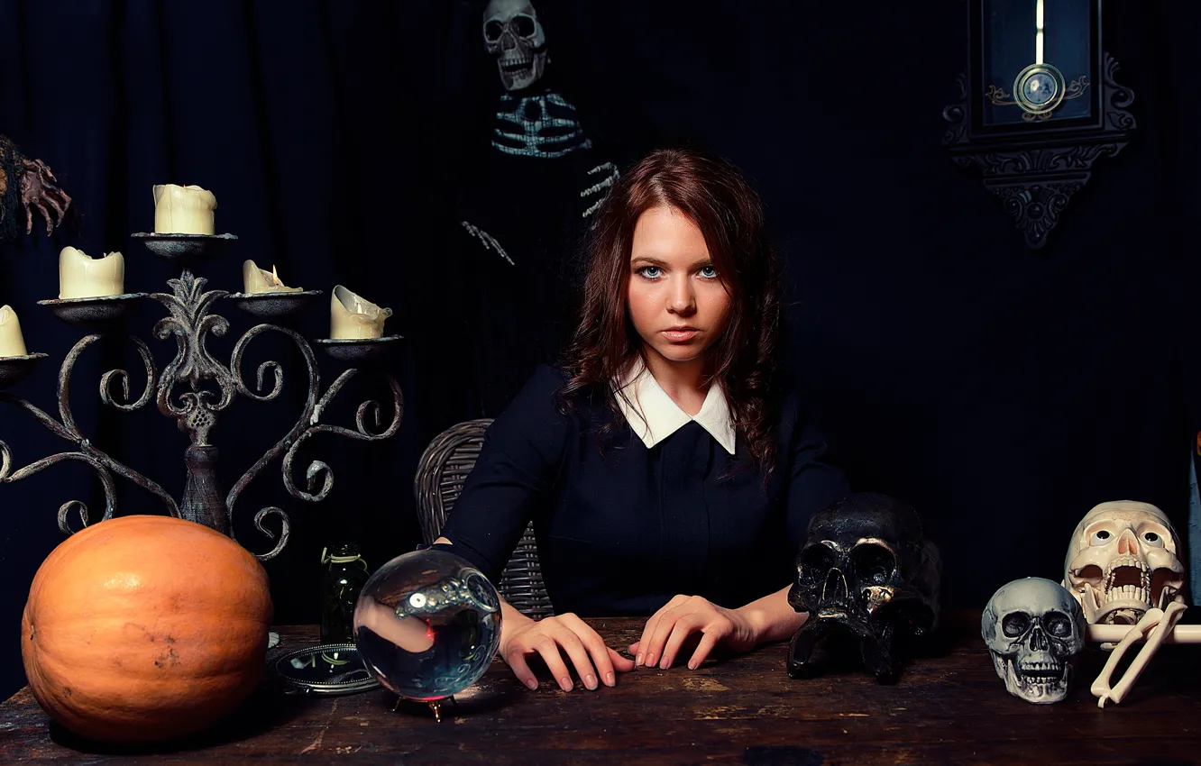 Фото обои шар, свечи, скелет, черепа, гадалка, Fortune Teller