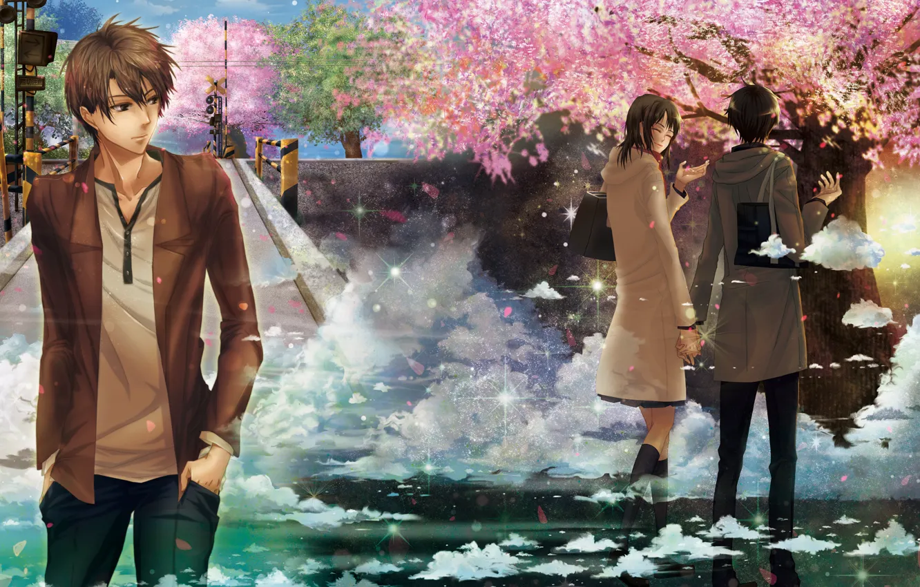 Фото обои девушка, облака, город, рендеринг, сакура, арт, парень, 5 сантиметров в секунду