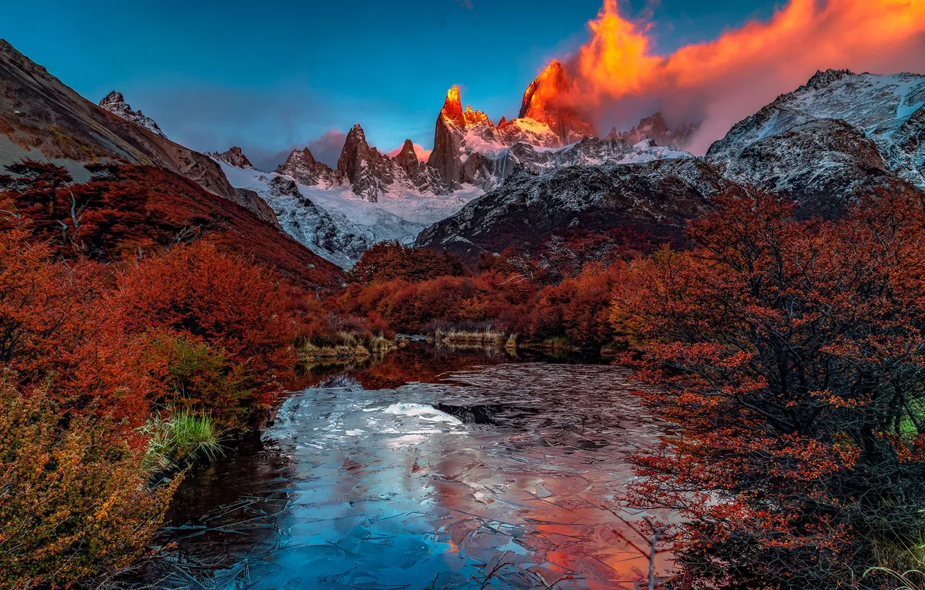 Фото обои осень, облака, пейзаж, горы, природа, озеро, утро, Аргентина