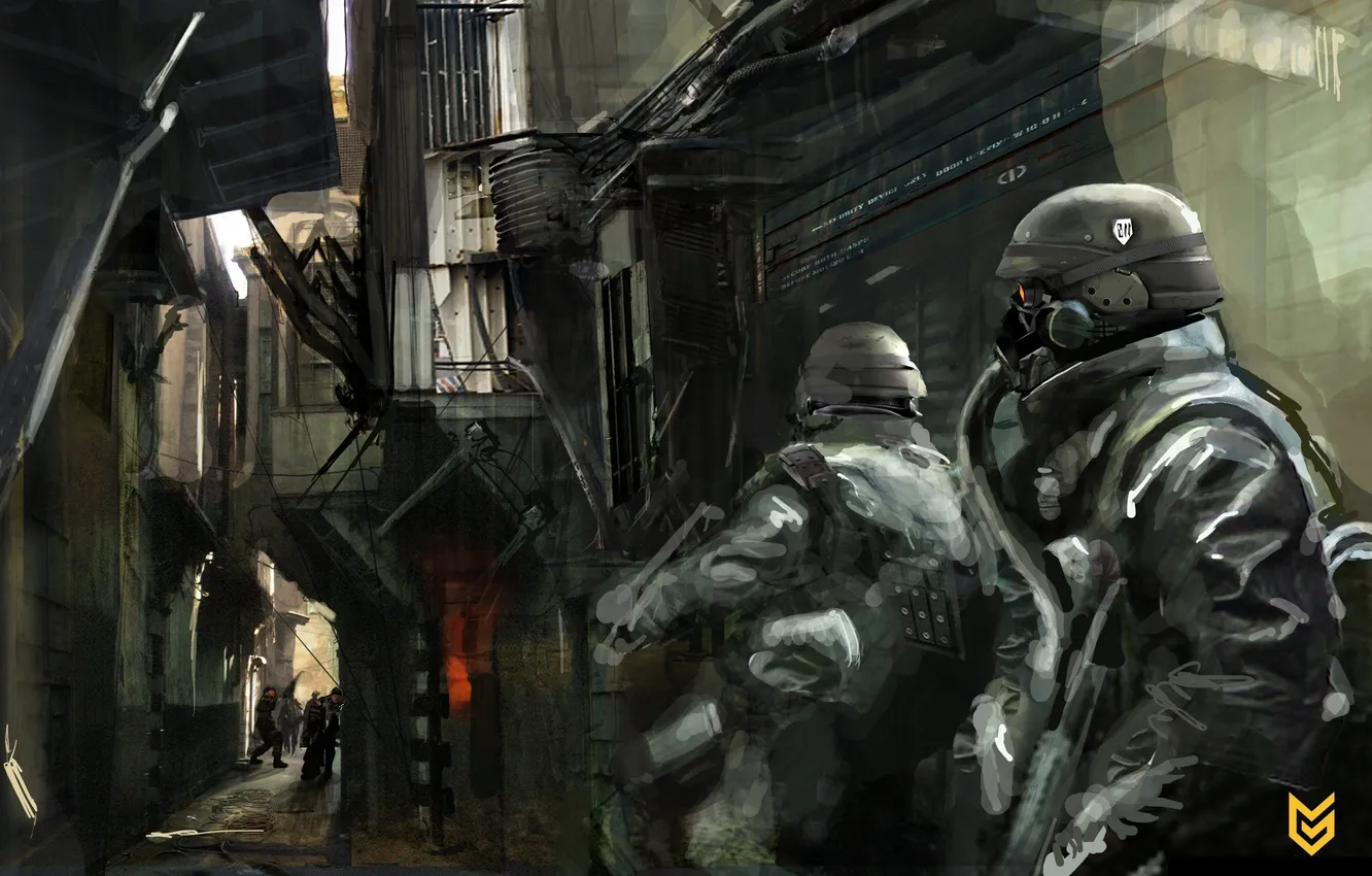 Фото обои оружие, люди, улица, игра, солдаты, маски, Killzone 2