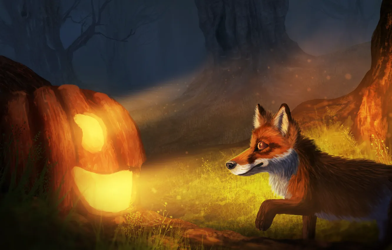 Фото обои осень, лес, ночь, лиса, Хэллоуин, светильник Джека, by CreeperMan0508