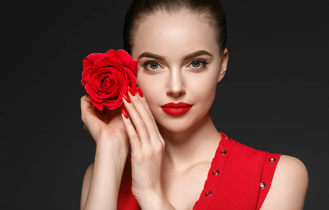 Фото обои цветок, девушка, лицо, роза, портрет, макияж, красная, фотомодель