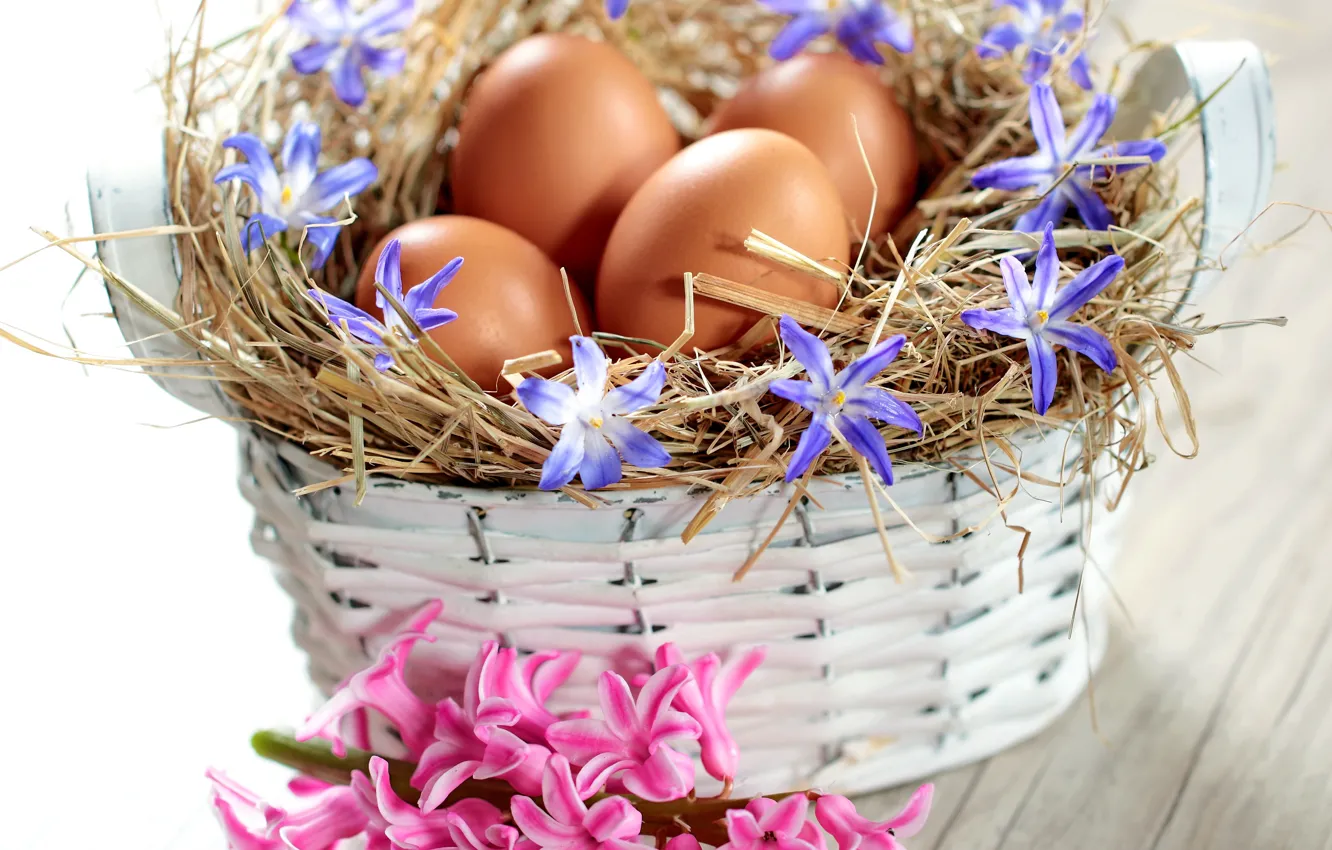Фото обои цветы, корзина, яйца, весна, пасха, flowers, spring, eggs
