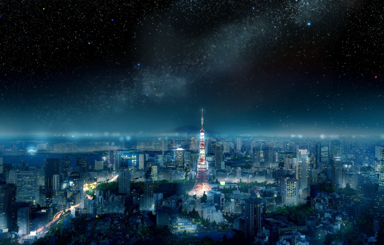 Фото обои небо, пейзаж, ночь, город, Токио