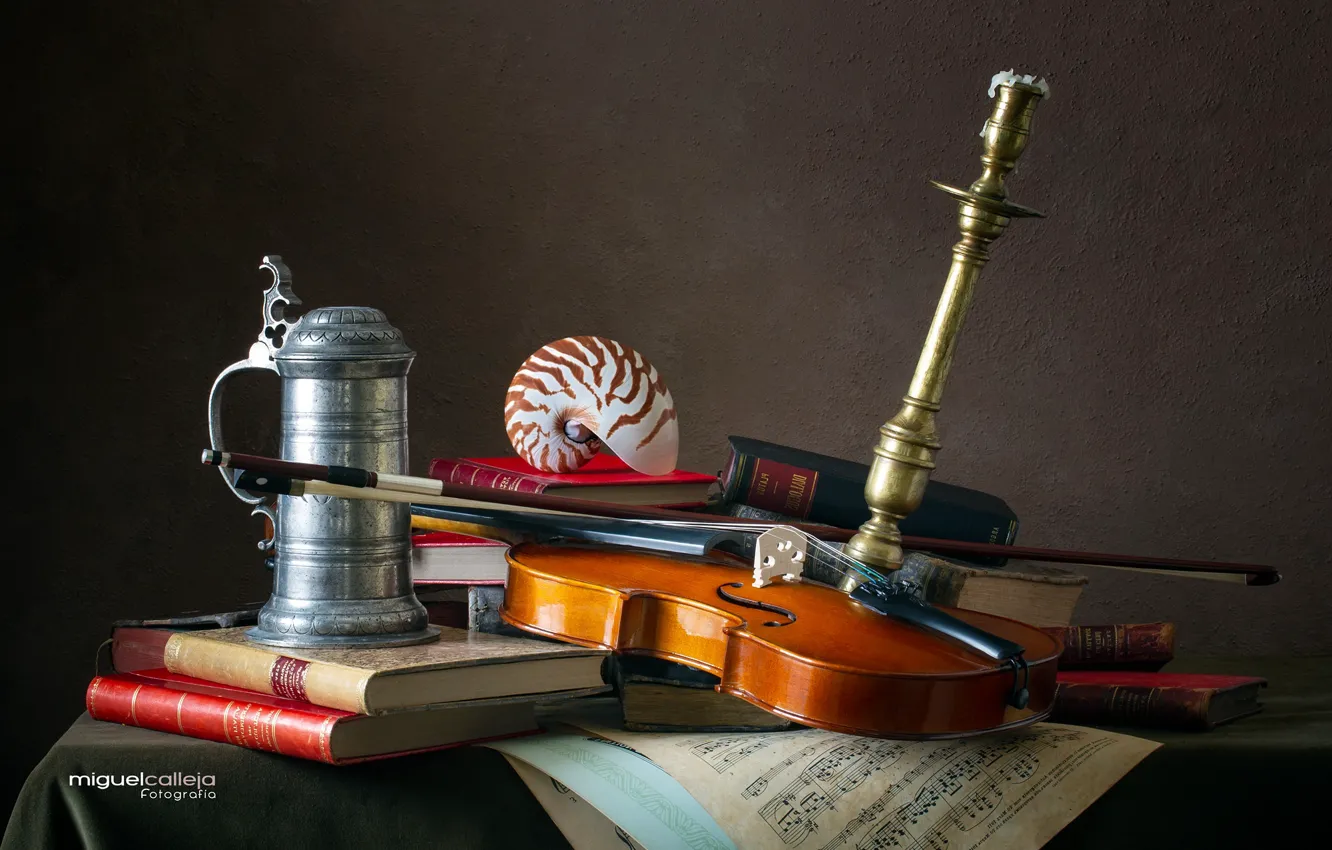 Фото обои ноты, скрипка, книги, ракушка, кружка, натюрморт, подсвечник