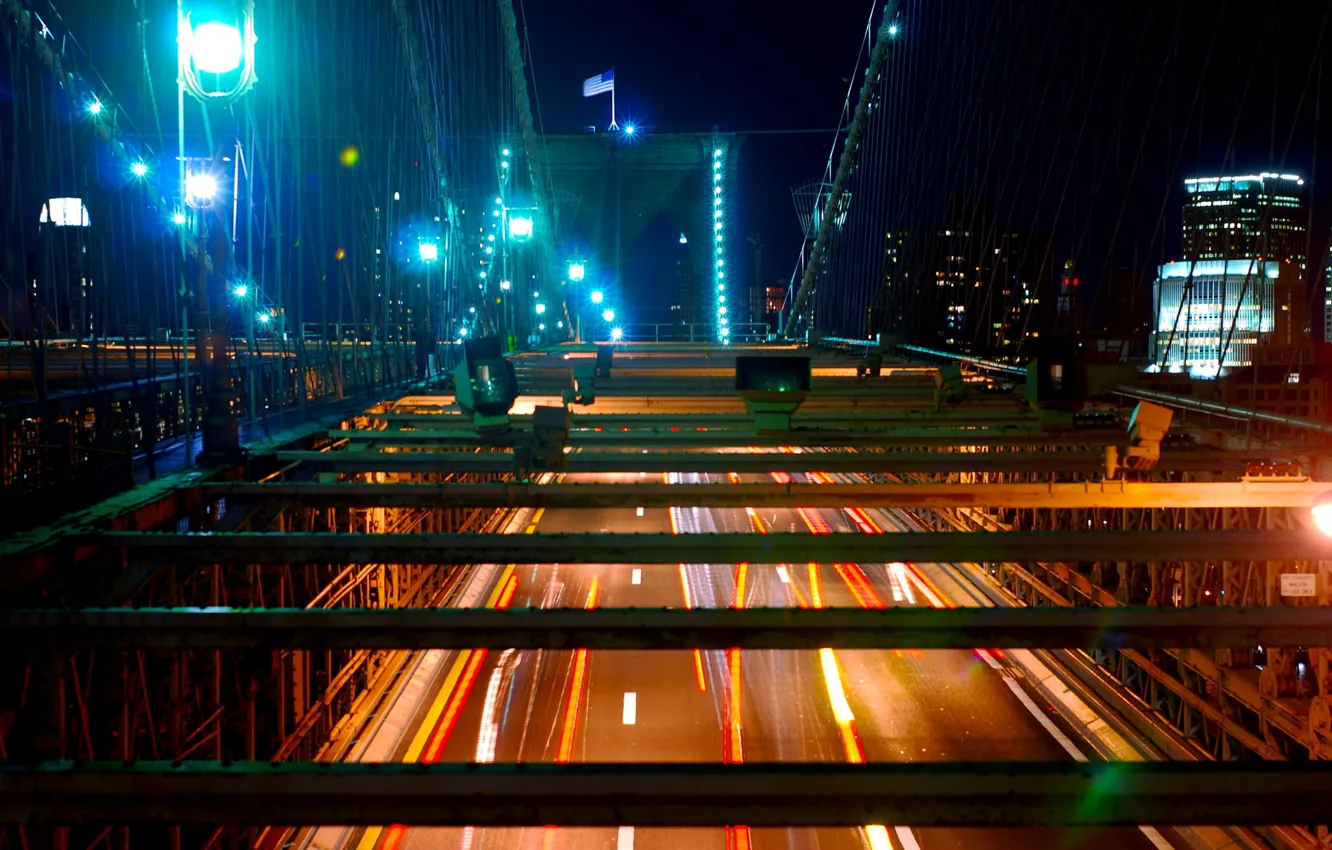 Фото обои bridge, New, flag, york, lanterns, concrete jungel