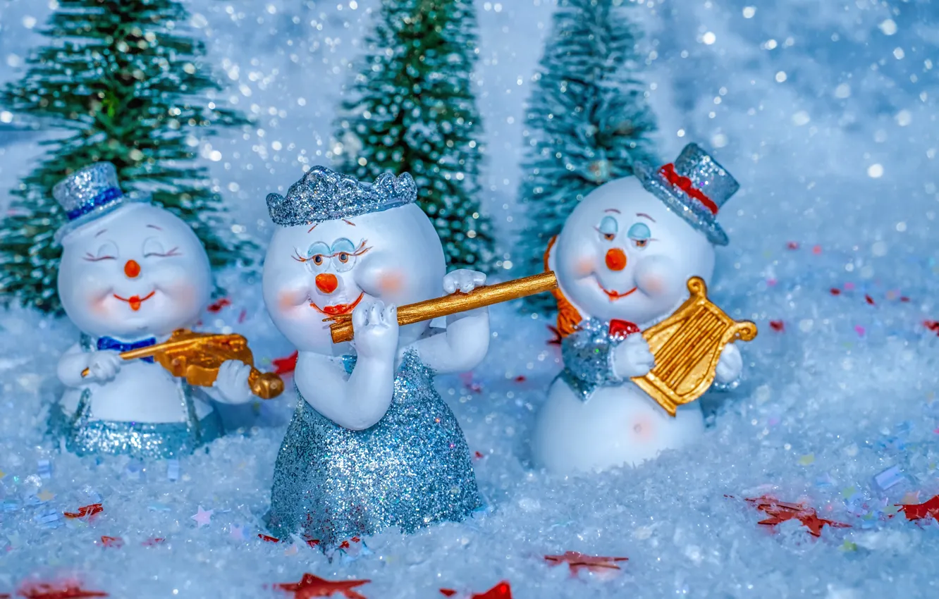 Фото обои музыка, праздник, развлечения, инструменты, снеговик, празднуют