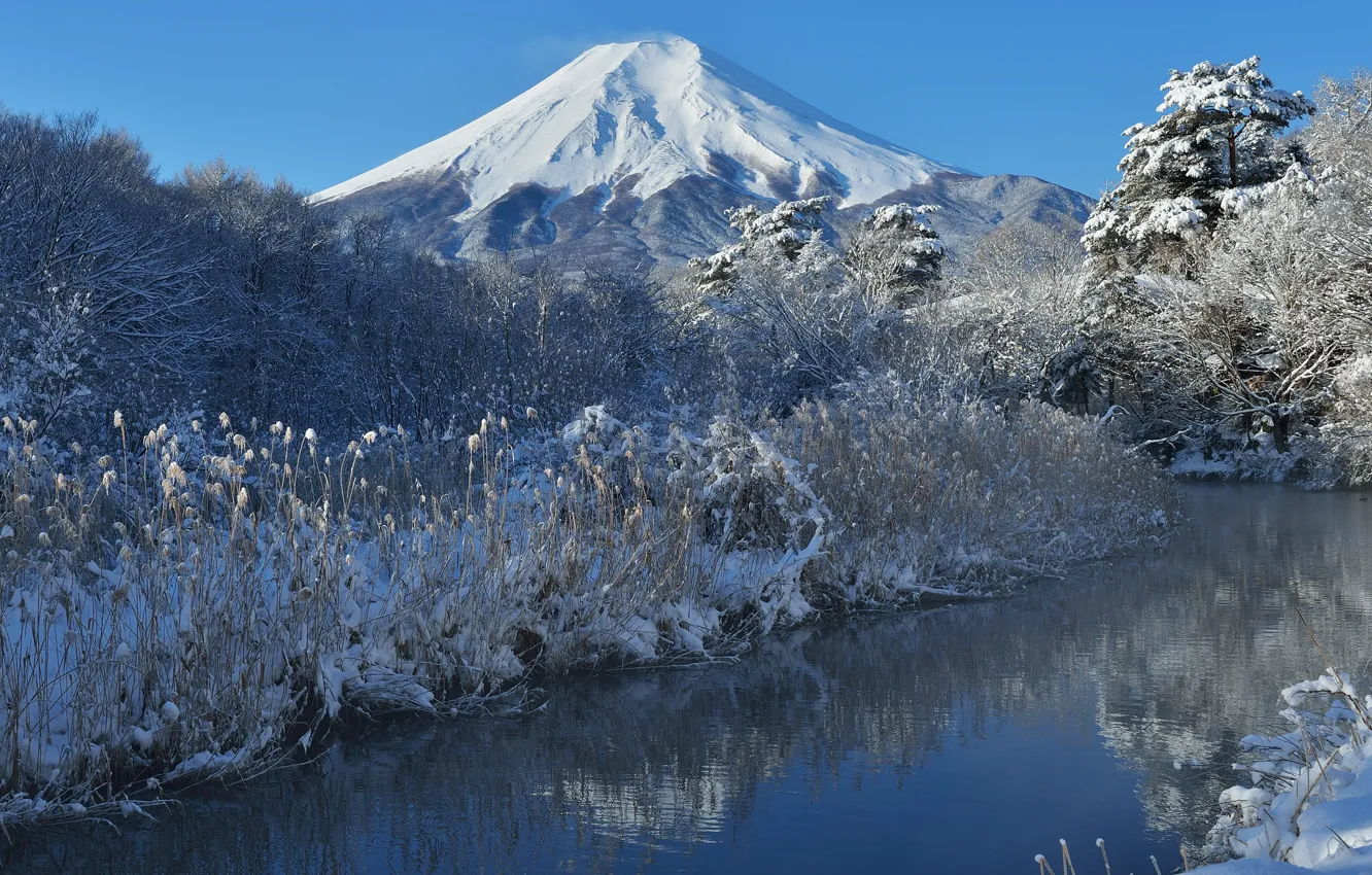 Фото обои зима, небо, снег, деревья, природа, река, гора, Япония
