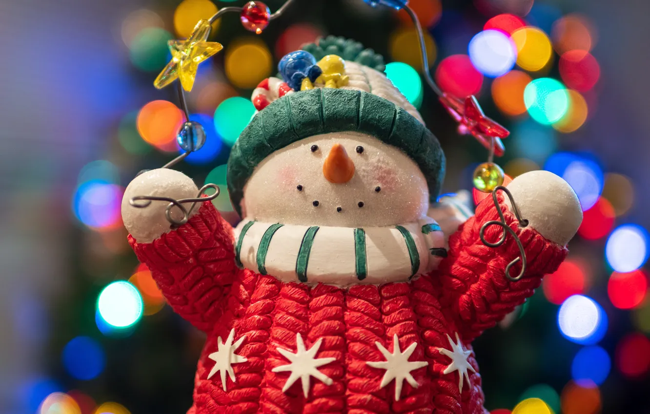 Фото обои зима, праздник, игрушка, Рождество, Новый год, снеговик, гирлянда, яркие цвета
