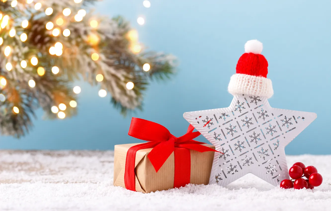 Фото обои зима, снег, украшения, подарок, елка, Новый Год, Рождество, Christmas