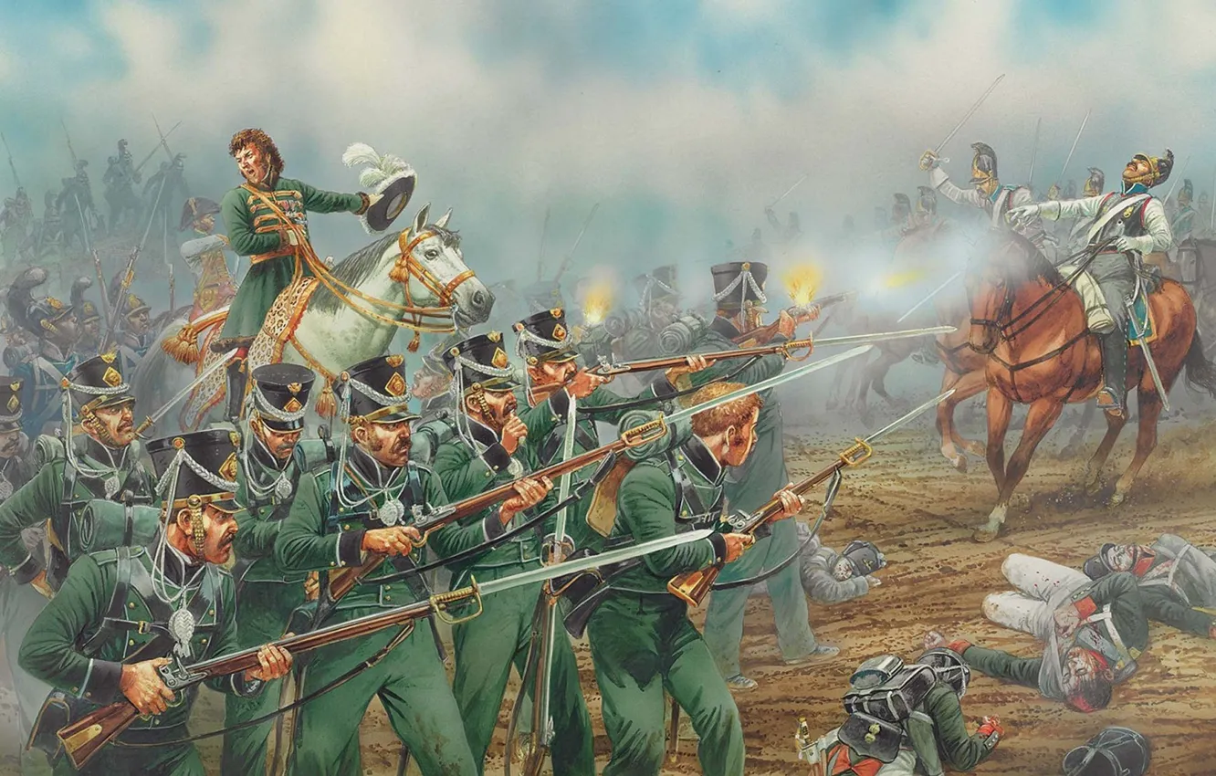 Фото обои оружие, рисунок, бой, арт, солдаты, выстрелы, Отечественная война, офицеры