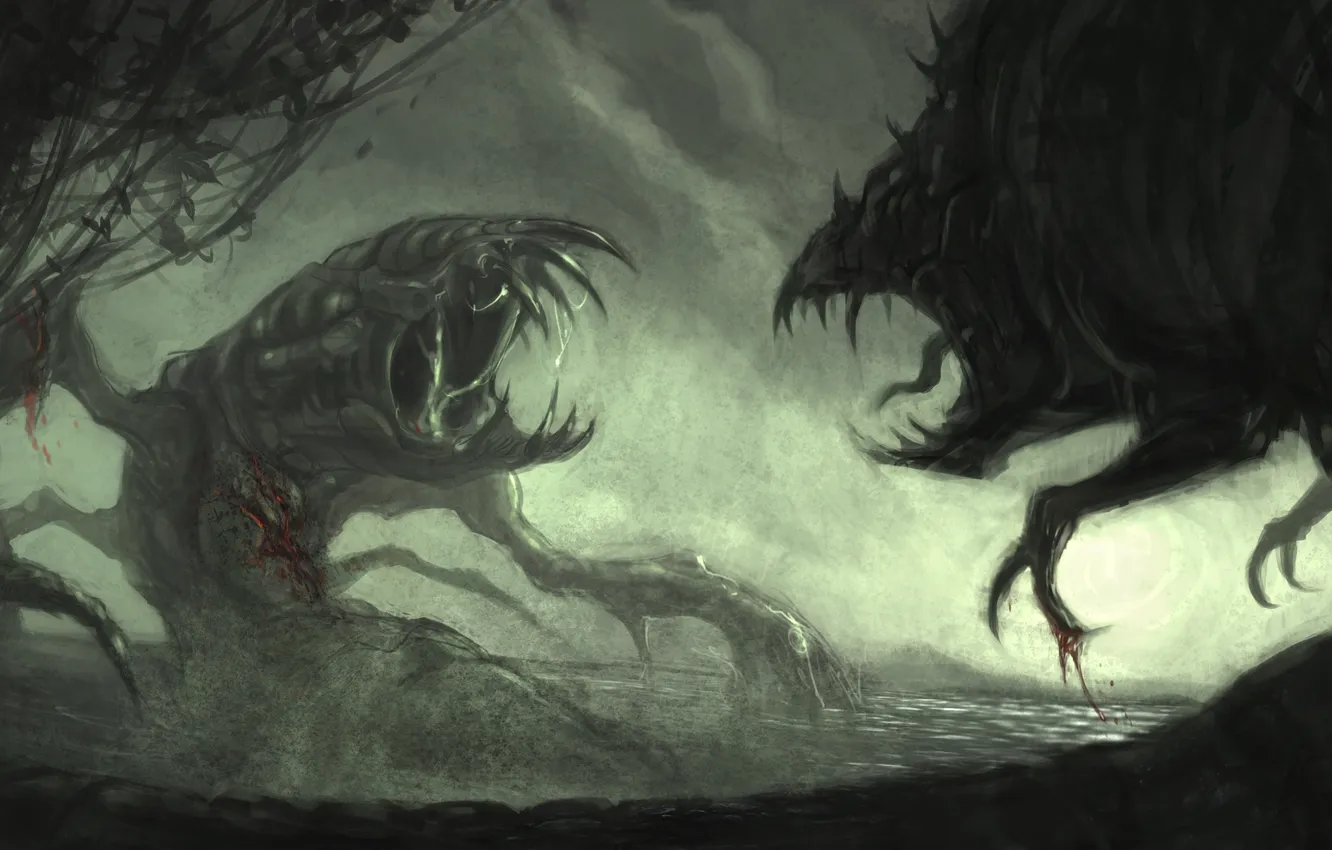 Фото обои вода, озеро, кровь, человек, монстр, арт, битва, гигантский