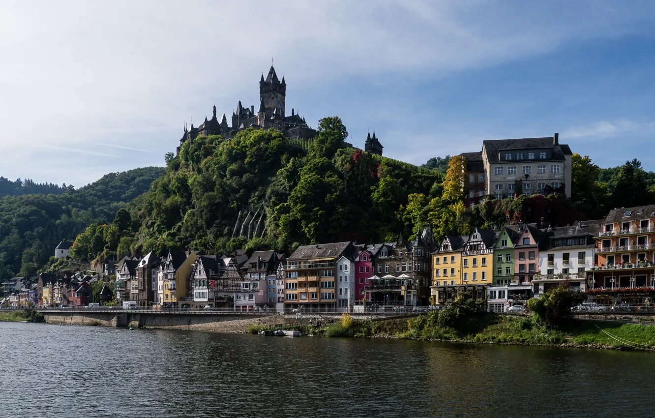 Фото обои замок, здания, Германия, набережная, Germany, Кохем, Cochem, река Мозель