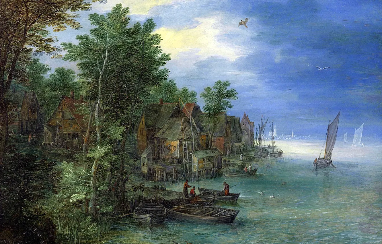 Фото обои пейзаж, картина, Ян Брейгель старший, Деревня на Берегу Реки