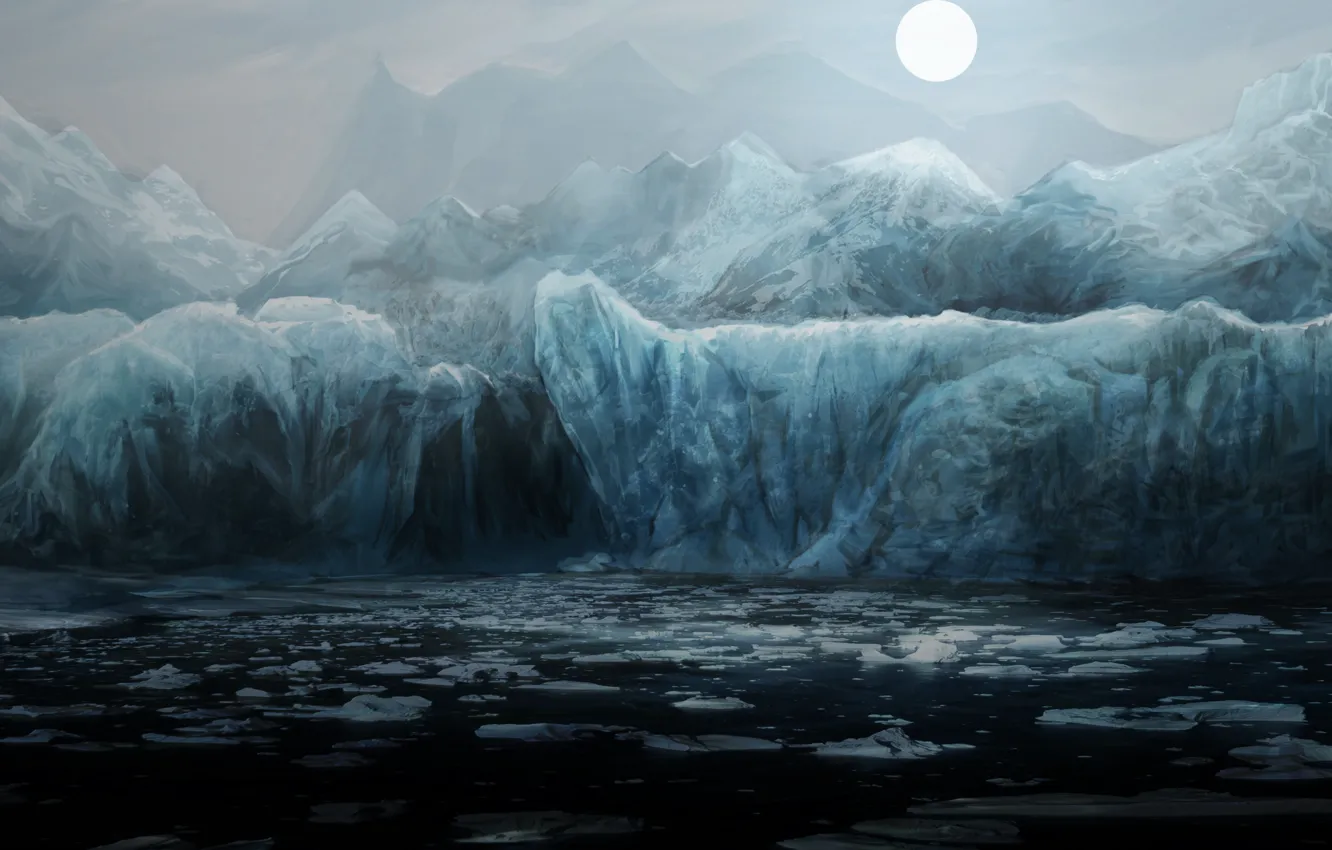 Фото обои холод, море, вода, горы, ночь, океан, луна, лёд