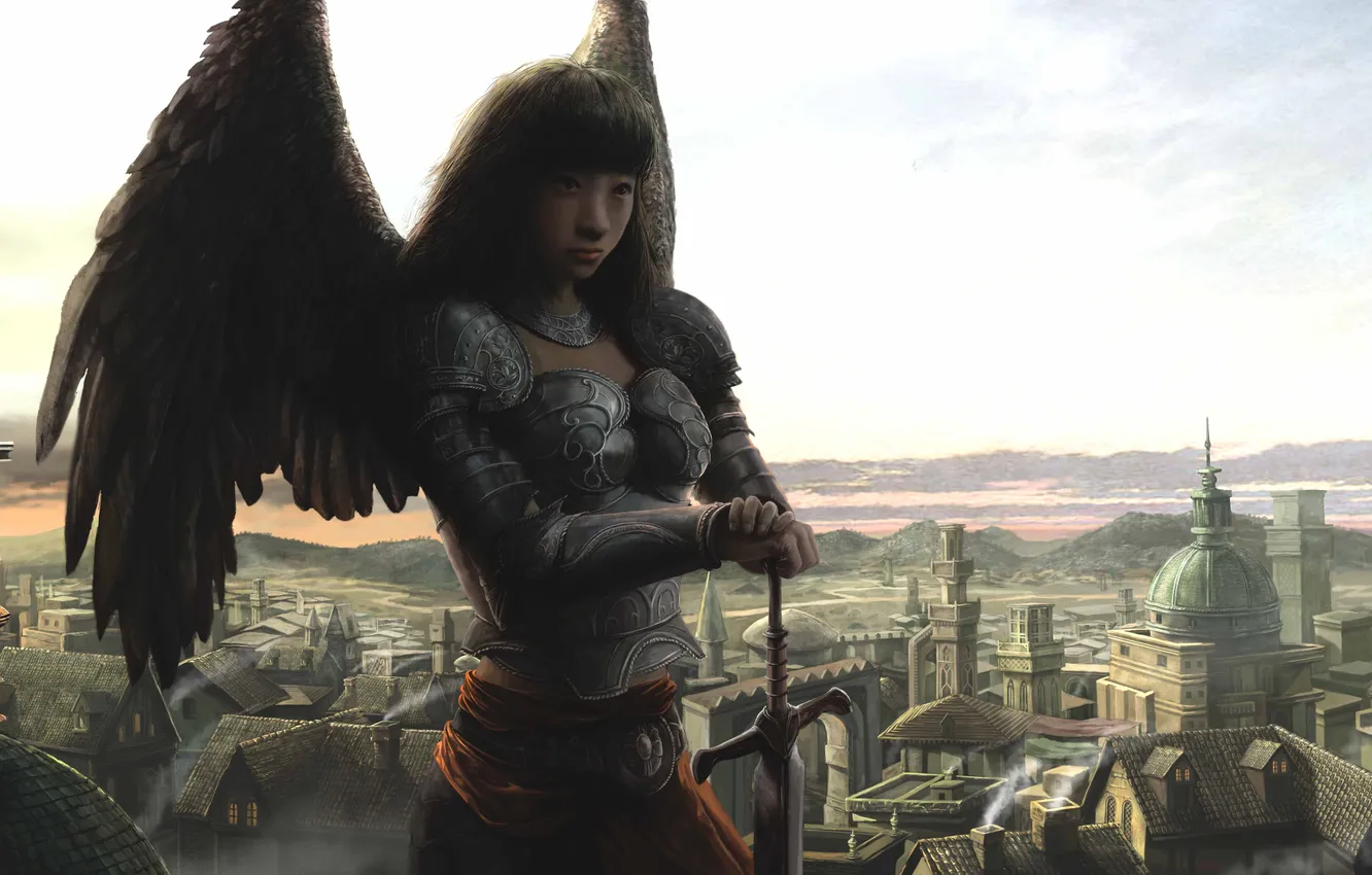 Фото обои девушка, город, крылья, ангел, меч, арт, доспех