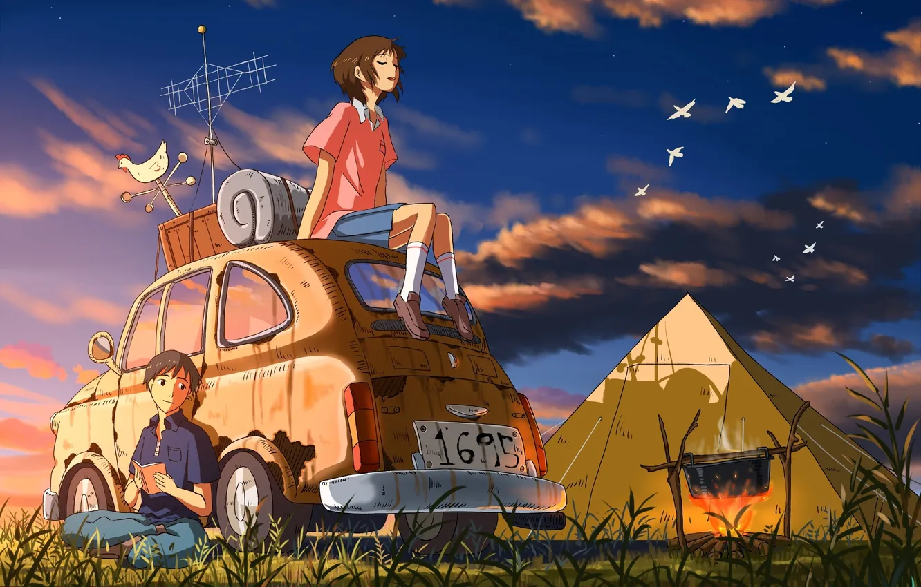 Фото обои машина, небо, девушка, птицы, костер, палатка, парень