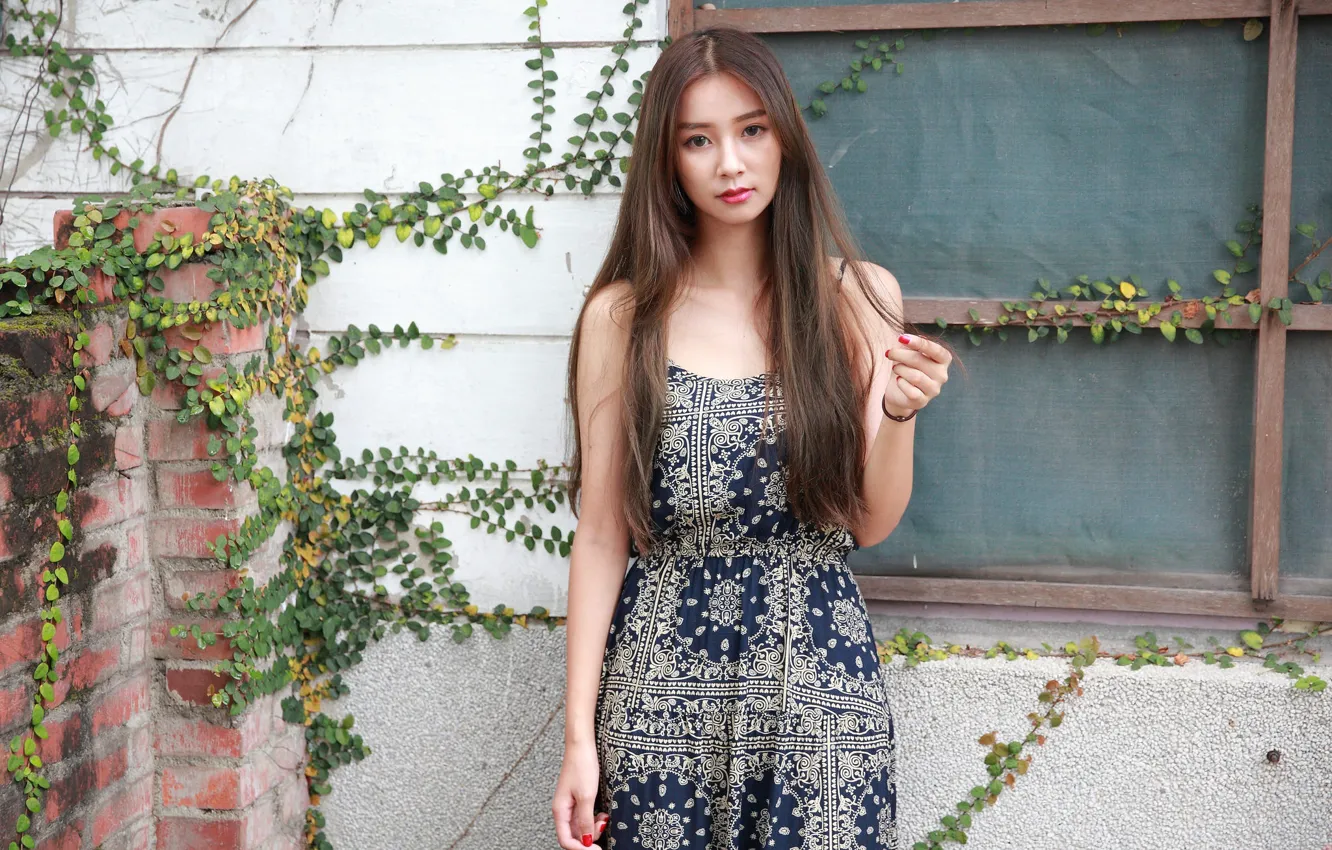 Фото обои взгляд, девушка, волосы, платье, азиатка