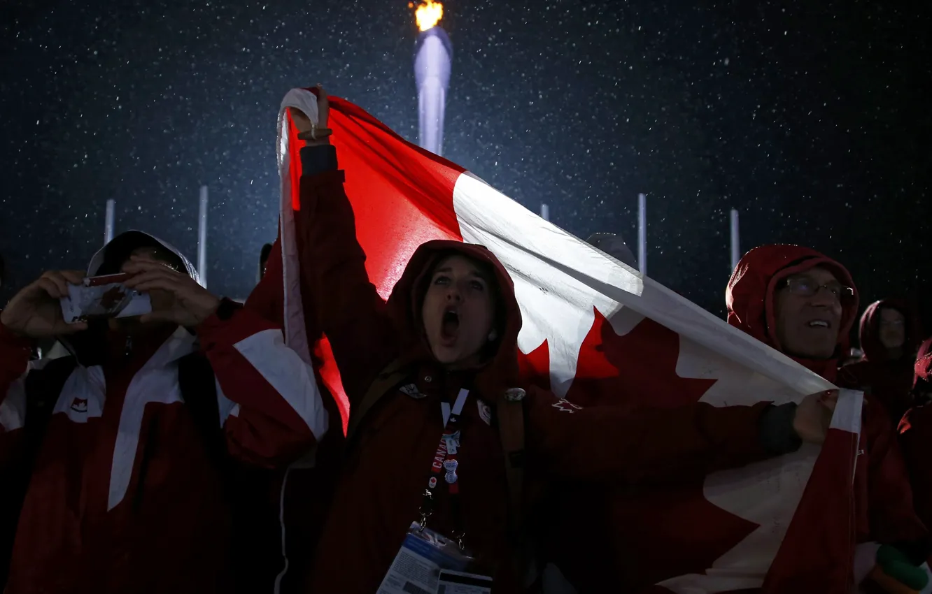 Фото обои огонь, флаг, Канада, факел, Canada, болельщики, фанаты, flag