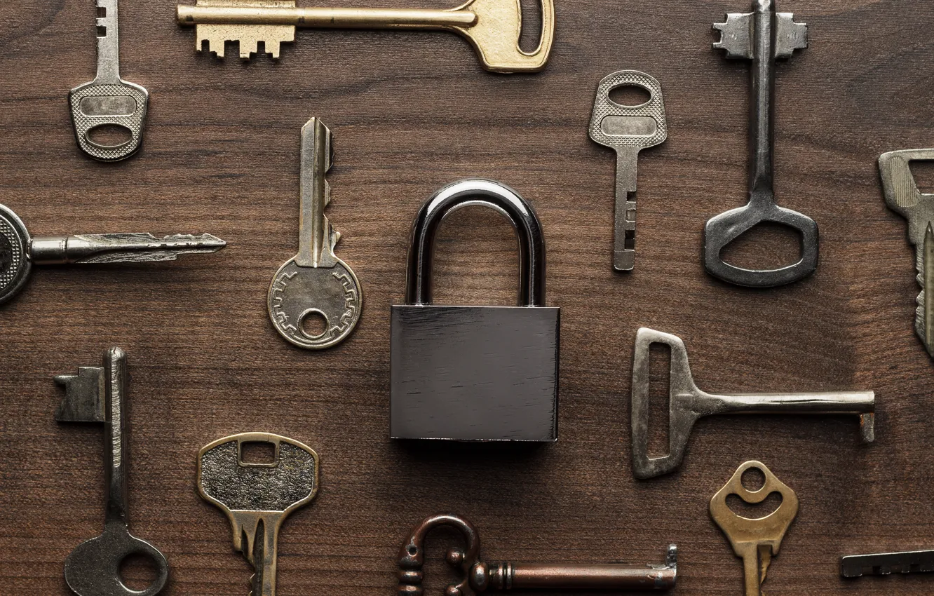 Фото обои metal, wood, key, lock, locksmith